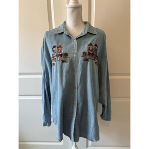 Vintage Let's Quizz Again New York Embroidered Western Bears Button Down